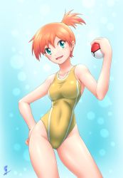 Rule 34 | 1girl, aozame takao, blue background, competition swimsuit, contrapposto, cowboy shot, creatures (company), female focus, game freak, gluteal fold, gradient background, gym leader, hand on own hip, highres, looking at viewer, misty (pokemon), nintendo, one-piece swimsuit, open mouth, orange hair, poke ball, poke ball (basic), pokemon, pokemon hgss, pokemon rgby, print swimsuit, short hair, side ponytail, signature, solo, standing, swimsuit, thighs, yellow one-piece swimsuit