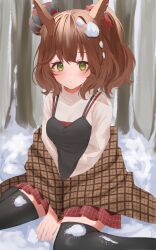 Rule 34 | 1girl, :&lt;, absurdres, alternate costume, animal ears, aston machan (umamusume), black camisole, black thighhighs, blush, brown hair, brown shawl, brown sweater, camisole, closed mouth, commentary request, cosplay, cropped legs, green eyes, highres, horse ears, horse girl, kanon, looking at viewer, misaka shiori, misaka shiori (cosplay), on ground, one side up, plaid, plaid shawl, plaid skirt, pleated skirt, red skirt, shawl, sitting, skirt, snow, snow on head, solo, sweater, thighhighs, umamusume, wariza, yokawa nagi