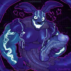 Rule 34 | 1boy, absurdres, bara, claws, crazy eyes, crazy smile, electricity, five nights at freddy&#039;s, five nights at freddy&#039;s: security breach, glow, glowing, glowing eyes, hand on penis, heart, highres, insane, k jukesnsfw, kidde jukes, large male, large penis, looking at viewer, male focus, muscular, muscular male, mxes (fnaf), mxes (ruin), penis, penis grab, rabbit, rabbit ears, security breach: ruin, smile, solo, solo focus, the entity (fnaf), wires