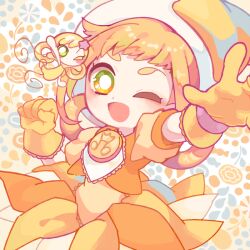 Rule 34 | 1girl, ;d, arm up, asuka momoko, blonde hair, blush, brooch, clenched hand, commentary request, dress, fairy, gloves, green eyes, hair rings, hat, jewelry, long hair, looking at viewer, magical girl, musical note, nini (ojamajo doremi), nonokusu (no2xnox), ojamajo doremi, one eye closed, open mouth, outstretched arm, smile, solo, witch hat, yellow dress, yellow gloves, yellow hat
