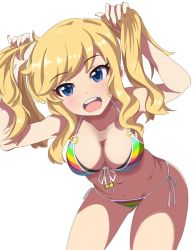 Rule 34 | 10s, 1girl, bikini, blonde hair, blue eyes, blush, breasts, cleavage, front-tie top, gluteal fold, groin, halterneck, idolmaster, idolmaster cinderella girls, looking at viewer, medium breasts, mitche, navel, ohtsuki yui, open mouth, raised eyebrows, side-tie bikini bottom, solo, string bikini, striped, swimsuit, twintails, white background