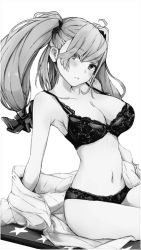 Rule 34 | 1girl, ahoge, anchor hair ornament, atlanta (kancolle), bare legs, bare shoulders, black bra, black panties, blush, bra, breasts, cleavage, collarbone, greyscale, hair ornament, head tilt, kantai collection, large breasts, long hair, long sleeves, looking at viewer, monochrome, navel, off shoulder, open clothes, open shirt, panties, parted lips, rizzl, shirt, simple background, sitting, solo, stomach, underwear, white background, white shirt