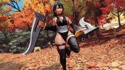 Rule 34 | 1girl, 3d, ass, black hair, black leotard, blue sky, breasts, butterfly swords, curvy, forest, highleg, highleg leotard, highres, holding, holding weapon, huge ass, iroha (samurai spirits), large breasts, leg lift, leotard, lips, looking to the side, maid, maid headdress, nature, revealing clothes, ryona, samurai spirits, screencap, shiny skin, short hair, sky, smile, snk, solo, standing, standing on one leg, third-party edit, thong leotard, tree, weapon, wide hips