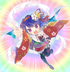 Rule 34 | 1girl, absurdres, alternate costume, emphasis lines, floral print, floral print kimono, frilled skirt, frilled sleeves, frills, hagoromo, hairband, highres, looking at viewer, multicolored background, multicolored clothes, nikorashi-ka, open mouth, pointing, purple eyes, red hairband, shawl, skirt, solo, teeth, tenkyuu chimata, touhou, upper teeth only, wide sleeves