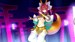 Rule 34 | 10s, 1girl, amaterasu (fate), animal ears, bow, breasts, cleavage, detached sleeves, fate/extra, fate (series), fox ears, fox tail, hair bow, hair ribbon, kotera ryou, official alternate costume, pink hair, ribbon, solo, tail, tamamo (fate), tamamo no mae (fate/extra), thighhighs, torii, twintails, underboob, yellow eyes