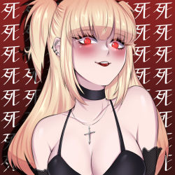 Rule 34 | 1girl, amane misa, bare shoulders, black choker, black dress, blonde hair, blush, breasts, choker, cleavage, collarbone, cross, cross necklace, death note, dress, earrings, highres, jewelry, large breasts, long hair, looking at viewer, moehorror, necklace, parted lips, red eyes, sleeveless, sleeveless dress, smile, solo, two side up, upper body