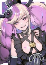 Rule 34 | 1girl, black dress, black flower, black gloves, black horns, black nails, braid, breasts, cleavage, crown, dress, fingerless gloves, flower, gloves, hair ornament, highres, horns, large breasts, long hair, long sleeves, looking at viewer, master detective archives: rain code, medium breasts, milka (milk4ppl), multicolored hair, nail polish, open mouth, pink eyes, pink hair, shinigami (rain code), smile, twin braids, two-tone hair