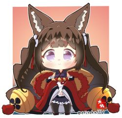 Rule 34 | 1girl, :&gt;, amagi-chan (azur lane), animal ears, azur lane, bell, black pantyhose, blunt bangs, blush, brown hair, chibi, commentary request, eyeshadow, fox ears, fox girl, fox tail, full body, hair ornament, hitodama, japanese clothes, kimono, kitsune, kyuubi, long hair, long sleeves, looking at viewer, makeup, multiple tails, off shoulder, pantyhose, purple eyes, rope, shimenawa, sidelocks, signature, simple background, sleeves past wrists, smile, solo, standing, tail, taisa (kari), thick eyebrows, twintails, twitter username, two-tone background