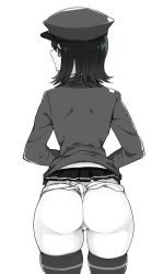 Rule 34 | 10s, 1girl, akitsu maru (kancolle), ass, black thighhighs, clothes lift, cowboy shot, from behind, fundoshi, hat, japanese clothes, kantai collection, looking back, military, military uniform, monochrome, sakita (ookawarii), short hair, skirt, skirt lift, solo, thighhighs, uniform, white background