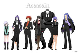 Rule 34 | 10s, 3boys, 5girls, alternate costume, assassin (fate/zero), bandaged arm, bandages, black hair, black skin, bowing, braid, braiding hair, business suit, child assassin (fate/zero), colored skin, cracking knuckles, fate/apocrypha, fate/extra, fate/grand order, fate/hollow ataraxia, fate/prototype, fate/prototype: fragments of blue and silver, fate/stay night, fate/strange fake, fate/zero, fate (series), female assassin (fate/zero), formal, hairdressing, hassan of serenity (fate), hassan of the cursed arm (fate), highres, jack the ripper (fate/apocrypha), jacket, jacket on shoulders, jewelry, li shuwen (fate), li shuwen (young) (fate), lineup, long hair, mask, matching outfits, multiple boys, multiple girls, necklace, pantyhose, pointy ears, ponytail, purple hair, red hair, sasaki kojirou (fate), semiramis (fate), shimaneko, skull mask, standing, suit, tall, very long hair, yellow eyes