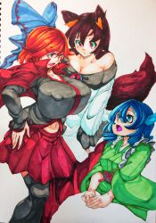 Rule 34 | animal ears, bare shoulders, black legwear, black shirt, blouse, blue eyes, blue hair, bow, breasts, cape, cleavage, covered erect nipples, dress, drill hair, fins, green kimono, hair bow, hand on own hip, head fins, highres, huge breasts, imaizumi kagerou, japanese clothes, kimono, kyouka (niban sencha), large breasts, long sleeves, mermaid, miniskirt, monster girl, object insertion, off shoulder, pleated skirt, red cape, red eyes, red hair, red skirt, rokurokubi, sekibanki, shirt, skirt, tail, thighhighs, touhou, traditional media, wakasagihime, werewolf, white dress, wide sleeves, wolf ears, wolf tail, zettai ryouiki