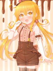 Rule 34 | 1girl, alternate costume, black hat, black shorts, blonde hair, blush, buttons, chocolate, cowboy shot, crescent, crescent pin, elbow gloves, gloves, hair between eyes, hat, highres, kantai collection, long hair, low twintails, open mouth, satsuki (kancolle), shorts, smile, solo, suspender shorts, suspenders, suzushiro (gripen39), twintails, white gloves, yellow eyes