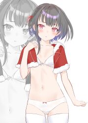 Rule 34 | 1girl, absurdres, black hair, bra, breasts, capelet, commentary request, cowboy shot, fur-trimmed capelet, fur trim, highres, kantai collection, looking at viewer, panties, red capelet, red eyes, sakurai nana (moshichi), short hair, short hair with long locks, small breasts, solo, thighhighs, ukuru (kancolle), underwear, white bra, white panties, white thighhighs, zoom layer
