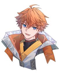 Rule 34 | 1boy, absurdres, ahoge, blue eyes, commentary request, cropped torso, earrings, fangs, genshin impact, hair between eyes, highres, jewelry, kashikaze, looking at viewer, male focus, open mouth, orange hair, short hair, simple background, single earring, solo, tartaglia (genshin impact), teeth, upper body, white background