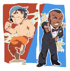 Rule 34 | 2boys, artist request, bandana, biscuit oliva, dark skin, facial hair, fighting stance, formal, grappler baki, hat, highres, index finger raised, jumping, jun guevaru, manly, multiple boys, muscular, mustache, one eye closed, scar, scar on face, shirt, suit, white shirt, wink