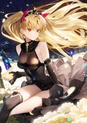 Rule 34 | 1girl, alternate costume, bare shoulders, birdcage, black dress, black thighhighs, blonde hair, breasts, cage, chain, closed mouth, crossed legs, detached sleeves, dress, earrings, ereshkigal (fate), fate/grand order, fate (series), field, floating hair, flower, flower field, gold chain, hair ribbon, highres, hoop earrings, jewelry, lace, lace-trimmed sleeves, lace-trimmed thighhighs, lace trim, long hair, looking to the side, medium breasts, neck ruff, necklace, orange eyes, parted bangs, petals, ribbon, siino, single thighhigh, sitting, skull, skull necklace, solo, thighhighs, thighs, tiara, twitter username, two side up, very long hair, yellow flower