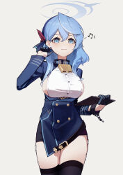 Rule 34 | 1girl, absurdres, adjusting hair, ako (blue archive), bell, blue archive, blue eyes, blue gloves, blue hair, blue hairband, blue halo, blue jacket, blue thighhighs, breasts, clipboard, closed mouth, commentary, cowboy shot, earrings, english commentary, facing viewer, gloves, grey background, hairband, half gloves, halo, hand up, highres, holding, holding clipboard, jacket, jewelry, large breasts, long hair, long sleeves, looking ahead, musical note, neck bell, nian962464, sideboob, simple background, smile, solo, stud earrings, thighhighs