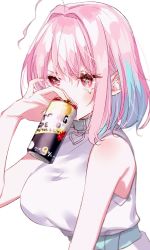 Rule 34 | 1girl, ahoge, alcohol, beer, beer can, blue hair, blush, breasts, can, covered mouth, drink can, drinking, hair intakes, heart, highres, holding, holding can, idolmaster, idolmaster cinderella girls, large breasts, leather choker, looking away, misumi (macaroni), multicolored hair, pink hair, shirt, short hair, simple background, sleeveless, sleeveless shirt, solo, squiggle, teardrop, two-tone hair, upper body, white background, white shirt, yumemi riamu
