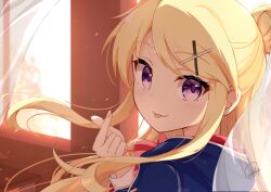 1girl :p absurdres blonde_hair blush hair_bun hair_ornament hairclip highres kin-iro_mosaic kujou_karen lapin_golden long_hair looking_at_viewer purple_eyes school_uniform single_hair_bun smile tongue tongue_out union_jack window x_hair_ornament zooming_in