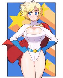 Rule 34 | 1girl, absurdres, ahoge, animification, belt, blonde hair, blue belt, blue eyes, blue gloves, border, breasts, cleavage cutout, closed mouth, clothing cutout, cowboy shot, dc comics, facing viewer, floating cape, floating hair, gloves, groin, hands on own hips, highleg, highleg leotard, highres, jeff miga, large breasts, legs together, leotard, light smile, long sleeves, looking to the side, outside border, power girl, short hair, side cape, solo, split mouth, standing, star (symbol), superhero costume, superman (series), white border, white leotard