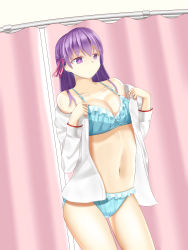 Rule 34 | 1girl, absurdres, aqua bra, aqua panties, bra, breasts, cleavage, closed mouth, clothes pull, commentary, cowboy shot, crotch seam, curtains, dutch angle, fate/stay night, fate (series), frilled bra, frilled panties, frills, frown, hair ribbon, highres, indoors, kanata (kanade pa), matou sakura, medium breasts, navel, no pants, off shoulder, open clothes, open shirt, opened by self, panties, pink ribbon, pulling own clothes, purple eyes, purple hair, ribbon, shirt pull, solo, standing, thighs, underwear, underwear only, undressing