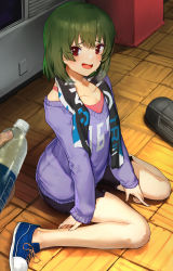 Rule 34 | 1girl, :d, between legs, black shorts, blue footwear, blush, bottle, clothes writing, collarbone, commentary request, fingernails, green hair, hair between eyes, hand between legs, highres, holding, holding bottle, idolmaster, idolmaster million live!, idolmaster million live! theater days, long sleeves, looking at viewer, nagayoshi subaru, nervous smile, on floor, open mouth, purple shirt, red eyes, shirt, shoes, short shorts, shorts, sitting, sleeves past wrists, smile, solo focus, stereo, suzuki puramo, sweat, wariza, water bottle, wavy mouth, wooden floor