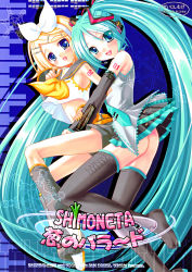 Rule 34 | 2girls, aqua eyes, aqua hair, ass, bare shoulders, blonde hair, blue eyes, boots, detached sleeves, hair ornament, hairclip, hairpin, hatsune miku, headset, highres, kagamine rin, long hair, looking at viewer, microphone, multiple girls, necktie, no panties, ornament, rusty soul, short hair, skirt, smile, twintails, very long hair, vocaloid
