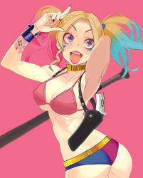 Rule 34 | 1girl, ass, batman (series), bikini, bikini top only, blonde hair, blue eyes, blue eyeshadow, blue hair, breasts, broken spine, cleavage, collar, covered erect nipples, cowboy shot, dc comics, diamond-shaped pupils, diamond (shape), eyeshadow, gradient hair, gun, handgun, harley quinn, heart, holster, large breasts, lipstick, long hair, makeup, matching hair/eyes, multicolored hair, nail polish, open mouth, pink background, pink eyeshadow, pink hair, ribs, short shorts, shorts, shoulder holster, simple background, smile, solo, star-shaped pupils, star (symbol), suicide squad, swimsuit, symbol-shaped pupils, tattoo, twintails, twisted torso, weapon, yuuki (irodo rhythm)