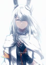 Rule 34 | 1girl, absurdres, arknights, black gloves, capelet, closed mouth, commentary, english commentary, fingerless gloves, frostnova (arknights), gloves, grey background, grey eyes, hair over one eye, highres, jacket, long hair, looking at viewer, solo, tfnfe sach, upper body, white capelet, white hair, white jacket