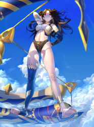 Rule 34 | 1girl, absurdres, anklet, barefoot, black gloves, black hair, blue sky, breasts, bridal gauntlets, cloud, curvy, day, earrings, elbow gloves, fate/grand order, fate (series), gloves, hand on own hip, heavenly boat maanna, highres, hoop earrings, ishtar (fate), ishtar (fate), jewelry, long hair, medium breasts, midriff, navel, red eyes, single elbow glove, single thighhigh, sky, soles, solo, thighhighs, toes, twintails, very long hair, wow+