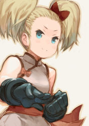 Rule 34 | 1girl, blue eyes, bow, bravely default: flying fairy, bravely default (series), china dress, chinese clothes, dress, edea lee, gloves, hair bow, smile, solo, twintails, yasu