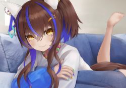 Rule 34 | 1girl, animal ears, breasts, commentary request, couch, daitaku helios (umamusume), fang, fingernails, hair ornament, hairclip, highres, horse ears, horse tail, jewelry, kimura komekami, medium breasts, multicolored hair, necklace, simple background, smile, solo, tail, umamusume, yellow eyes