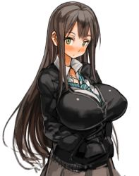 Rule 34 | 10s, 1girl, alternate breast size, blush, breasts, brown hair, cardigan, collaboration, covered erect nipples, green eyes, huge breasts, idolmaster, idolmaster cinderella girls, long hair, long sleeves, necktie, perky breasts, sachito, school uniform, shibuya rin, simple background, skirt, solo, very long hair, white background