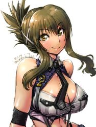 Rule 34 | 1girl, amania orz, banpresto, bare shoulders, breasts, cleavage, cleavage cutout, clothing cutout, folded ponytail, green hair, kisaragi chitose, large breasts, long hair, looking at viewer, midriff, navel, necktie, skindentation, smile, solo, super robot wars, super robot wars v, white background, yellow eyes