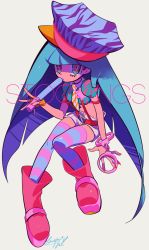 Rule 34 | 1girl, animal print, badge, baton, belt, blue eyes, blue hair, blunt bangs, character name, cuffs, full body, gloves, handcuffs, hat, long hair, looking at viewer, midriff, nail polish, navel, panty &amp; stocking with garterbelt, police, police hat, police uniform, policewoman, puffy short sleeves, puffy sleeves, red nails, sameyama jiro, short sleeves, shorts, signature, simple background, single glove, sitting, solo, stocking (psg), striped clothes, striped legwear, striped thighhighs, suspenders, text focus, thighhighs, uniform, very long hair, white background, white shorts, zebra print