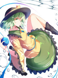 Rule 34 | 1girl, air bubble, black footwear, black hat, bow, breasts, bubble, buttons, collar, commentary request, diamond button, floating, floating hair, frilled collar, frilled skirt, frilled sleeves, frills, full body, green eyes, green hair, green sailor collar, green skirt, hat, hat bow, highres, holding eyeball, komeiji koishi, legs, legs together, lips, long sleeves, looking at viewer, medium hair, nagomian, nose, parted lips, sailor collar, shirt, sideways glance, simple background, skirt, small breasts, solo, third eye, touhou, underwater, wavy hair, white background, wide sleeves, yellow bow, yellow shirt
