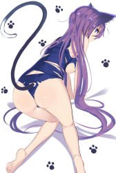 Rule 34 | 1girl, all fours, animal ears, ass, bad id, bad pixiv id, bare legs, barefoot, blue eyes, breasts, cat ears, cat tail, competition swimsuit, fenrirr, from behind, long hair, looking at viewer, looking back, one-piece swimsuit, original, purple hair, sideboob, solo, swimsuit, tail, torn clothes, torn swimsuit, very long hair
