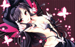 Rule 34 | 10s, 1girl, accel world, antenna hair, ass, bad id, bad pixiv id, bare shoulders, black hair, breasts, bug, butt crack, butterfly, butterfly wings, cleavage, dress, elbow gloves, flat chest, gloves, gunp, headband, insect, insect wings, kuroyukihime, red eyes, solo, undressing, wings