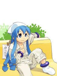 Rule 34 | 1girl, ankle boots, anklet, blue eyes, blue hair, boots, bracelet, closed mouth, commentary request, hand on own chest, head scarf, hyou itto, ikamusume, jewelry, long hair, long sleeves, looking up, matching hair/eyes, overalls, parody, pun, shinryaku! ikamusume, sidelocks, simple background, sitting, smile, solo, tentacle hair, translated, very long hair, white background, yaranaika