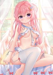 Rule 34 | 1girl, angel wings, bare arms, bare shoulders, barefoot, breasts, cleavage, curtains, feathered wings, garter belt, hair ornament, highres, hiyada yuu, long hair, looking at viewer, medium breasts, moe2021, no bra, no panties, original, pink hair, purple eyes, revealing clothes, single thighhigh, sitting, solo, stomach, thighhighs, underwear, underwear only, white thighhighs, wings