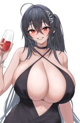 Rule 34 | 1girl, azur lane, black hair, breasts, cleavage, cup, highres, kuavera, large breasts, looking at viewer, simple background, smile, solo, standing, taihou (azur lane)