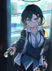 Rule 34 | 1girl, aqua-framed eyewear, black hair, blue archive, blue cardigan, blue necktie, blue sweater vest, blush, breasts, can, cardigan, chihiro (blue archive), glasses, green eyes, gushiya usagi, hair ornament, halo, highres, holding, holding can, id card, jacket, looking at viewer, multicolored clothes, multicolored jacket, necktie, open collar, outdoors, rabbit hair ornament, semi-rimless eyewear, sweater vest, two-tone jacket, under-rim eyewear, watch, wristwatch
