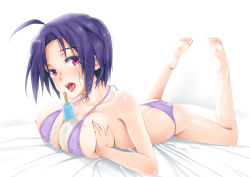 Rule 34 | 1girl, ahoge, ass, bad id, bad pixiv id, barefoot, bed, bed sheet, between breasts, black hair, breasts squeezed together, breasts, butt crack, chou (meteorite3), covered erect nipples, feet, female focus, food, full body, idolmaster, idolmaster (classic), large breasts, legs up, looking at viewer, lying, melting, miura azusa, on stomach, open mouth, popsicle, red eyes, saliva, sexually suggestive, solo, the pose, tongue, underwear, underwear only, white background