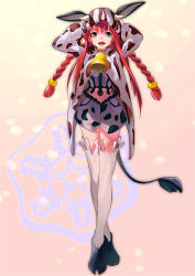 Rule 34 | 1girl, animal ears, animal print, bell, neck bell, braid, collar, cow ears, cow print, cow tail, highres, hood, hoodie, hooves, kamogawa shuujin, looking at viewer, midriff, navel, open mouth, red eyes, red hair, smile, snowflakes, solo, tail, twin braids