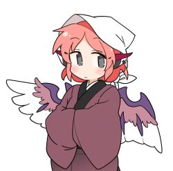 Rule 34 | 1girl, animal ears, bird ears, bird wings, blush, brown kimono, closed mouth, grey eyes, hands in opposite sleeves, head scarf, ini (inunabe00), japanese clothes, kimono, long sleeves, looking at viewer, mystia lorelei, pink hair, short hair, simple background, solo, touhou, upper body, white background, white headwear, white wings, wide sleeves, wings
