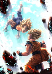 Rule 34 | 2boys, blonde hair, bodysuit, boots, clenched hand, commentary request, dragon ball, dragonball z, energy, eye contact, facial mark, forehead mark, halo, highres, kneeling, looking at another, majin vegeta, male focus, multiple boys, muscular, open mouth, sash, son goku, spiked hair, spread fingers, studio viga, super saiyan, super saiyan 1, super saiyan 2, teeth, tongue, vegeta, white footwear