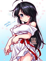 Rule 34 | 1girl, ahoge, alternate costume, artist logo, black hair, commentary request, cowboy shot, dated, dress, frilled dress, frills, grey eyes, hair down, hair over one eye, kako (kancolle), kantai collection, kutone shirika, off-shoulder dress, off shoulder, official alternate hairstyle, red ribbon, ribbon, romaji text, solo, translation request, white dress