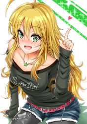 Rule 34 | 1girl, :d, ahoge, bad id, bad pixiv id, belt, black pantyhose, blonde hair, blush, breasts, chain, clothes writing, collarbone, cutoffs, english text, green eyes, heart, hoshii miki, idolmaster, idolmaster (classic), index finger raised, inu (marukome), jewelry, pantyhose under shorts, long hair, long sleeves, medium breasts, necklace, necktie, no bra, off shoulder, open mouth, pantyhose, pendant, shirt, short shorts, shorts, sitting, smile, solo, sparkle, star (symbol), star necklace, very long hair