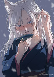 Rule 34 | 1girl, alcohol, animal ears, anime coloring, blue eyes, blue kimono, blush, commentary request, cup, drunk, extra ears, eyelashes, fox ears, fox girl, grey background, hair between eyes, tucking hair, half-closed eyes, hand up, holding, ichimi renge, japanese clothes, kimono, long hair, long sleeves, looking away, looking down, motion blur, nose blush, obi, original, parted lips, sakazuki, sake, sash, silver hair, simple background, snowing, solo, upper body