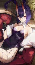 Rule 34 | 1girl, animal ears, bare shoulders, black gloves, bob cut, breasts, collarbone, covered navel, detached collar, eyeliner, fake animal ears, fate/grand order, fate (series), feather boa, fishnet pantyhose, fishnets, glasses, gloves, highleg, highleg leotard, highres, horns, leotard, looking at viewer, makeup, oni, pantyhose, playboy bunny, purple eyes, purple hair, purple leotard, rabbit ears, round eyewear, short hair, shuten douji (fate), skin-covered horns, small breasts, solo, taino kou, thighs